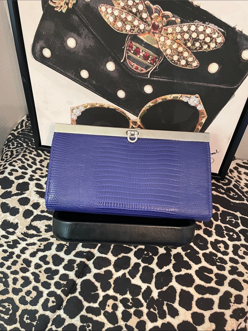 Vintage Blue Purple Faux Lizard Clutch with Silver Trim